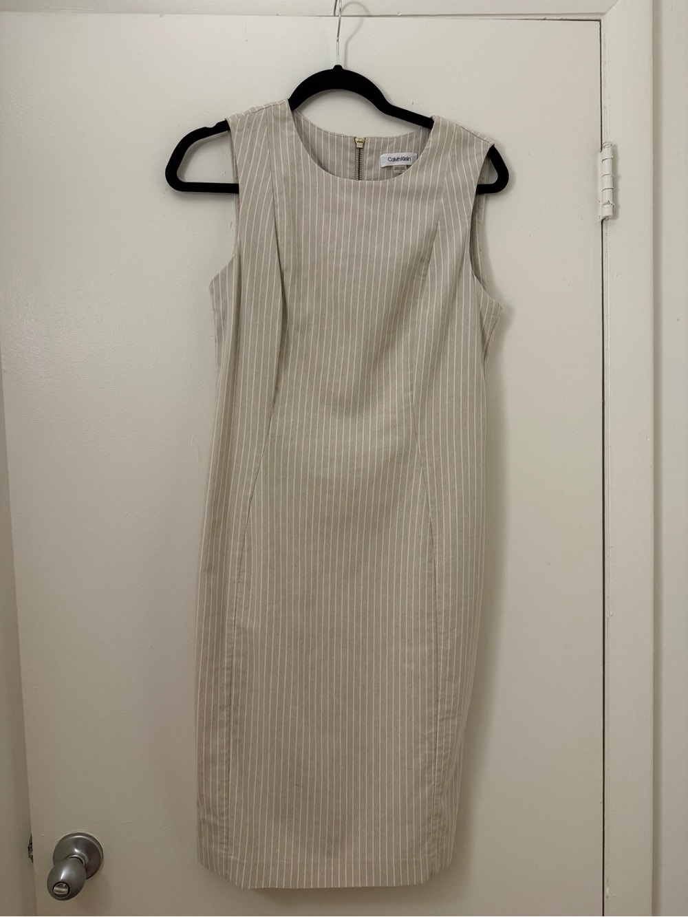 Calvin Klein Sleeveless Pinstripe Sheath in Light Beige